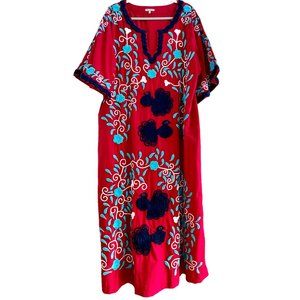 Frances Valentine Peacock Caftan Maxi Dress Red Navy Light Blue Like New